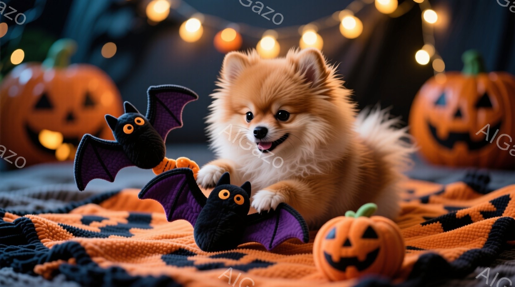 ふわふわのオレンジ色のポメラニアンの子犬が、黒いコウモリのおもちゃとオレンジ色のカボチャに囲まれて遊んでいます。子犬は口を開けて嬉しそうに微笑んでおり、両前足でコウモリのおもちゃをつかんでいます。背景 - AI生成フリー素材