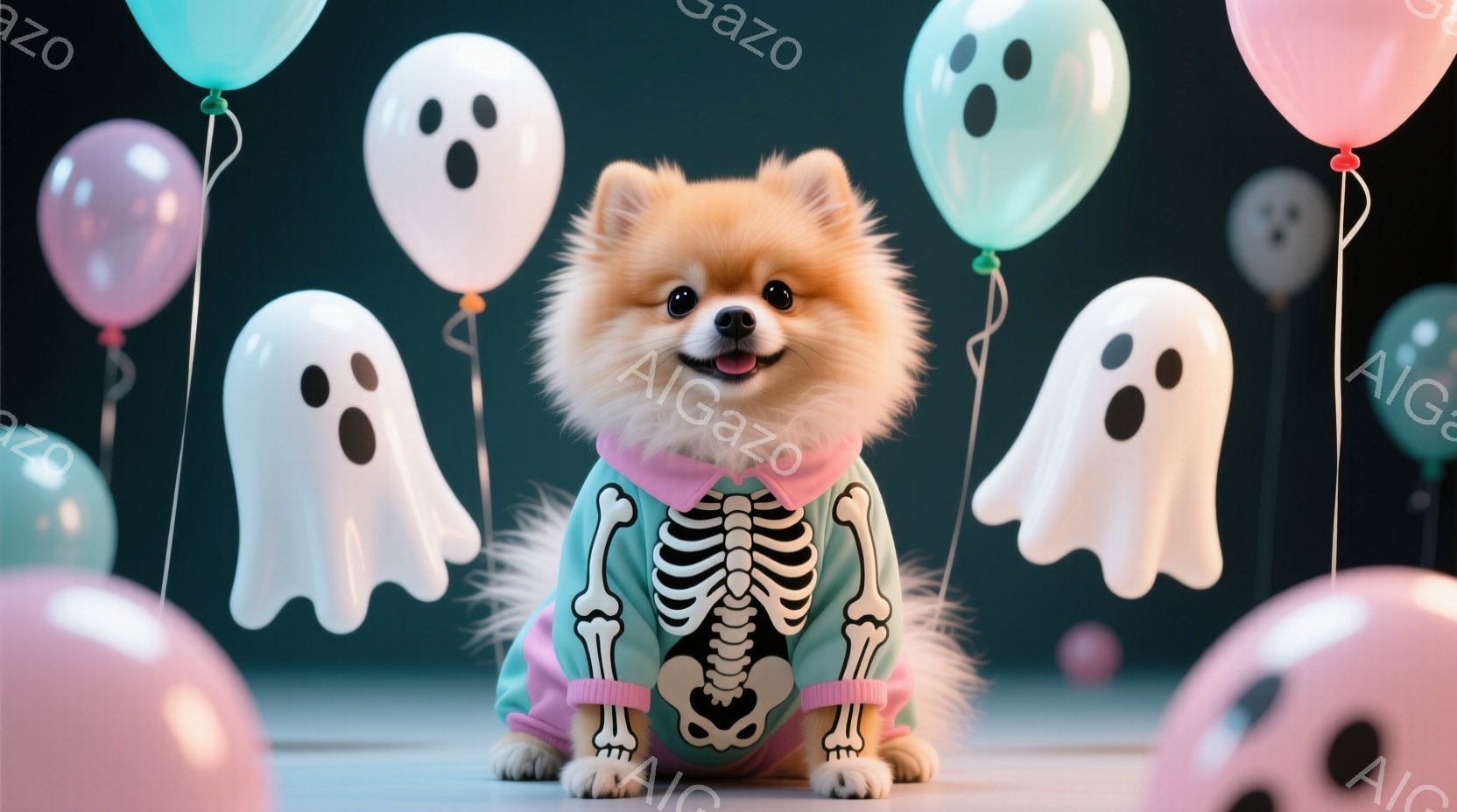 ポメラニアンの子犬がハロウィーン風のコスチュームを着て座っています。淡い水色のセーターに骨格模様がプリントされ、とても可愛らしい表情をしています。背景には様々な色の幽霊の形をした風船が浮かび、お祝いム - AI生成フリー素材