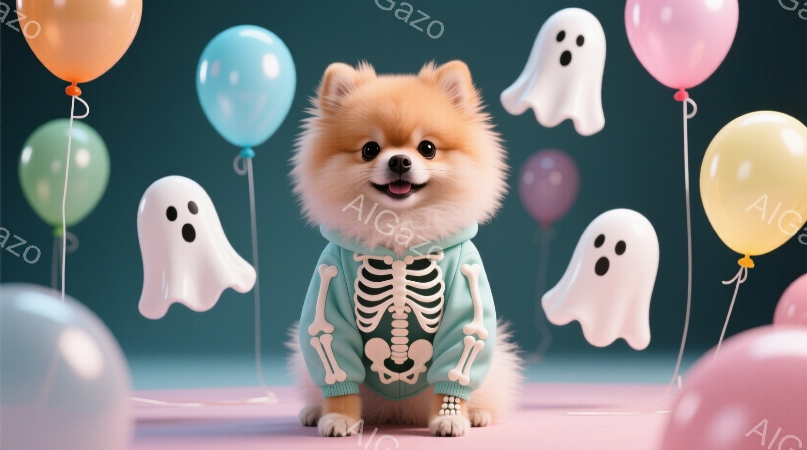 ポメラニアンの子犬が、緑色のスケルトン柄のパーカーを着て、まっすぐに座っています。周囲には、白く可愛らしいお化けのイラストと、様々な色の風船が浮かんでおり、ハロウィーンのような雰囲気です。子犬は正面を見ており、つぶらな瞳とほのかな笑顔が愛らしい表情をしています。