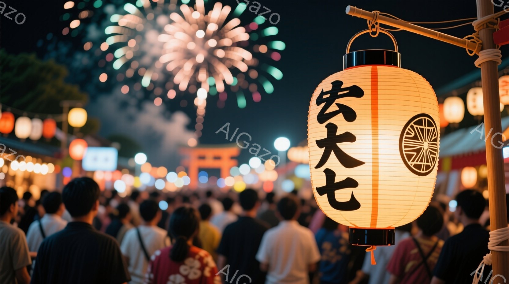 提灯が手前に大きく映っており、黒い文字で「七」と書かれている。背景には、たくさんの人々が祭りの会場で密集しており、浴衣を着ている人もいる。夜空には花火が打ち上げられ、活気と興奮に満ちた祭りの雰囲気が漂 - AI生成フリー素材