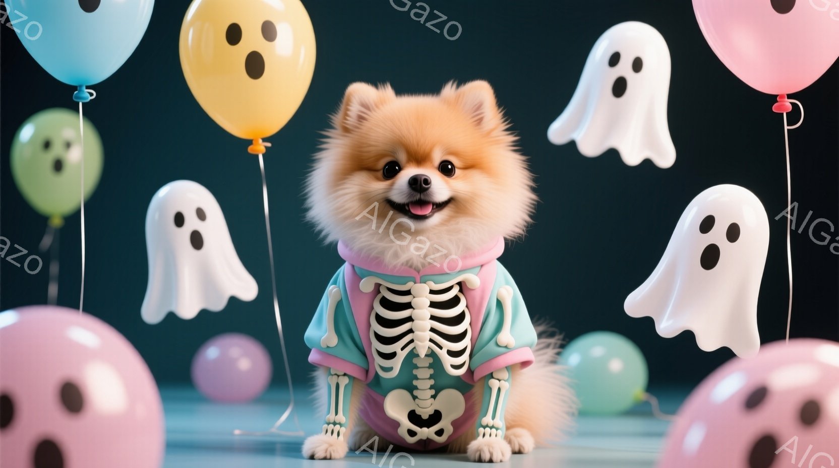ポメラニアンの子犬がハロウィーンの衣装を着て立っています。青緑色のセーターに骨格のプリントが施され、とても可愛らしい表情をしています。背景には、さまざまな色の幽霊の風船が浮かび、お祝いの雰囲気を醸し出 - AI生成フリー素材