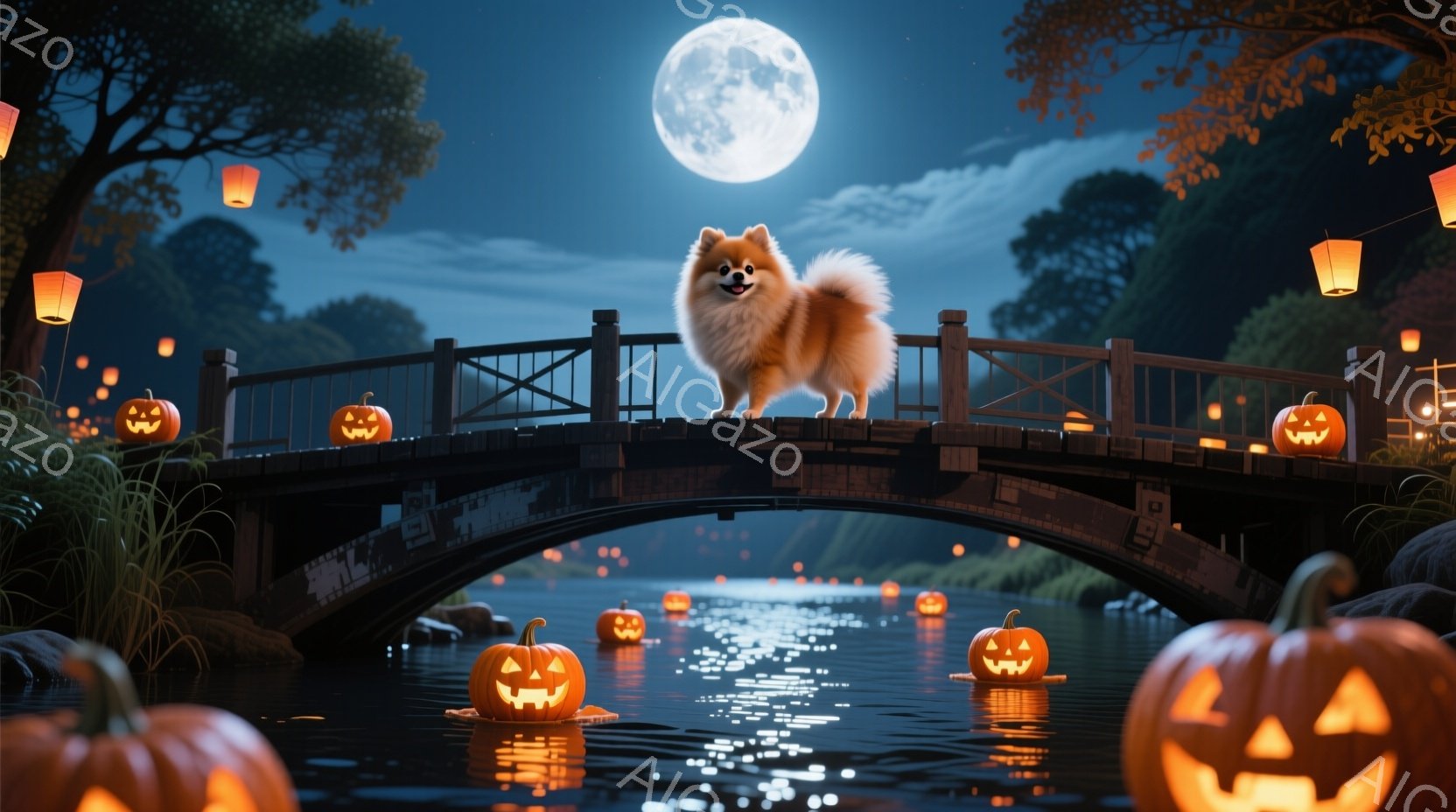 満月の夜、小さな橋の上にはふわふわの茶色のポメラニアンが立っている。橋の下の川にはたくさんのジャック・オー・ランタンが浮かび、幻想的な雰囲気を醸し出している。背景には暗い木々と水面が反射し、ハロウィー - AI生成フリー素材
