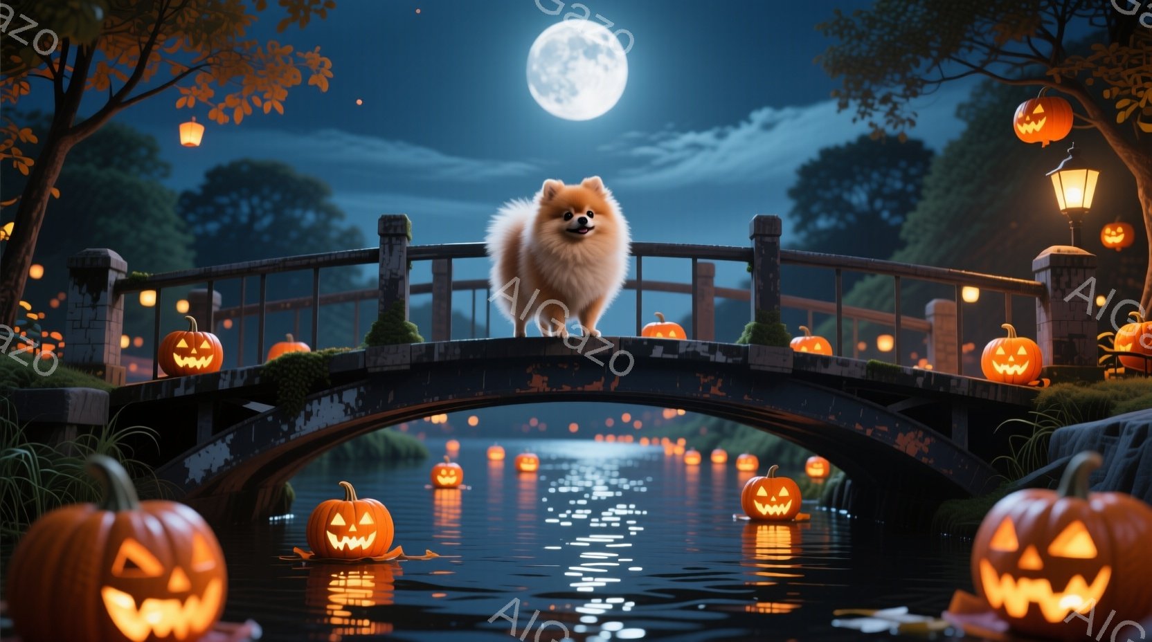 切り株のような石造りの橋の上に、ふわふわの白い毛並みを持つポメラニアンが立っている。周囲には、不気味な笑顔を浮かべた様々な大きさのジャック・オ・ランタンが並び、水面にはその光が反射して幻想的な雰囲気を醸し出している。満月が輝き、暗い夜空と緑豊かな自然が、ハロウィーンの夜の不気味でありながらも温かい雰囲気を強調している。