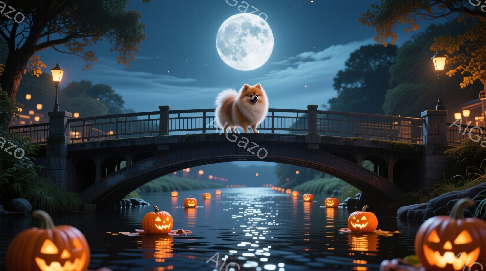 満月の夜、石造りのアーチ橋の上にふわふわの白い犬が立っている。橋の下の池には、光るハロウィンのカボチャが浮かび、周囲の木々は暗闇に包まれているが、カボチャと橋のランプの暖かい光で照らされている。全体的 - AI生成フリー素材