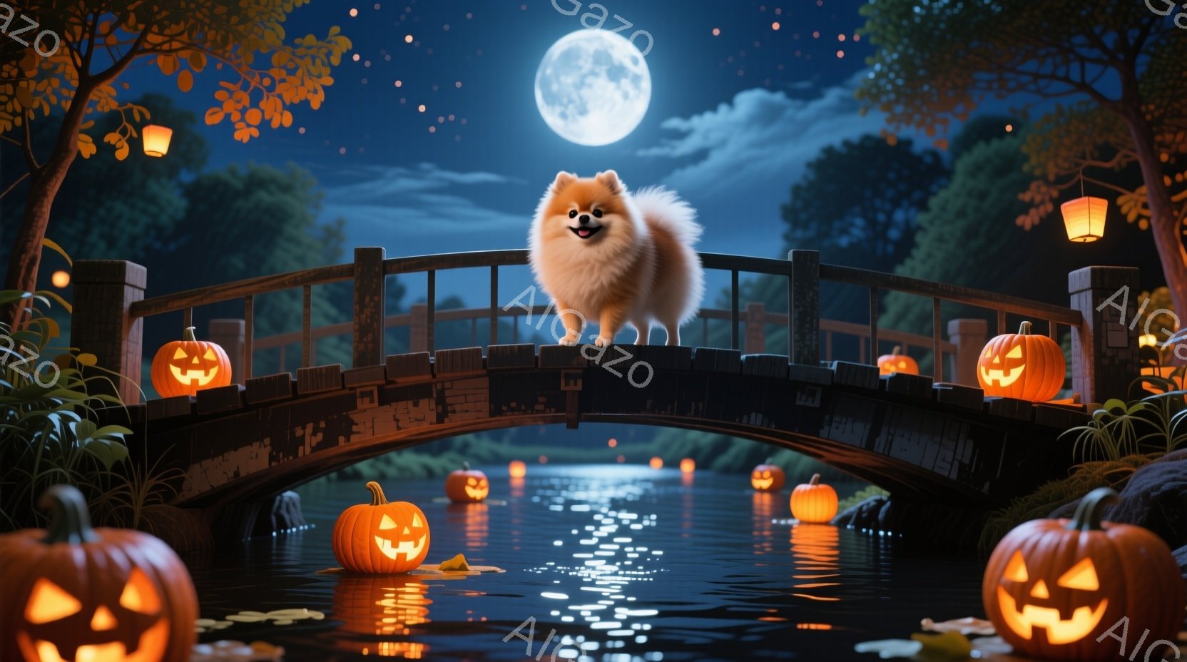 白い毛並みのポメラニアンが、ハロウィーンの装飾が施された橋の上で立っており、楽しそうな表情をしています。背景には、カボチャのランタンが水面に浮かび、満月が明るく照らす夜の風景が広がっています。全体的に - AI生成フリー素材