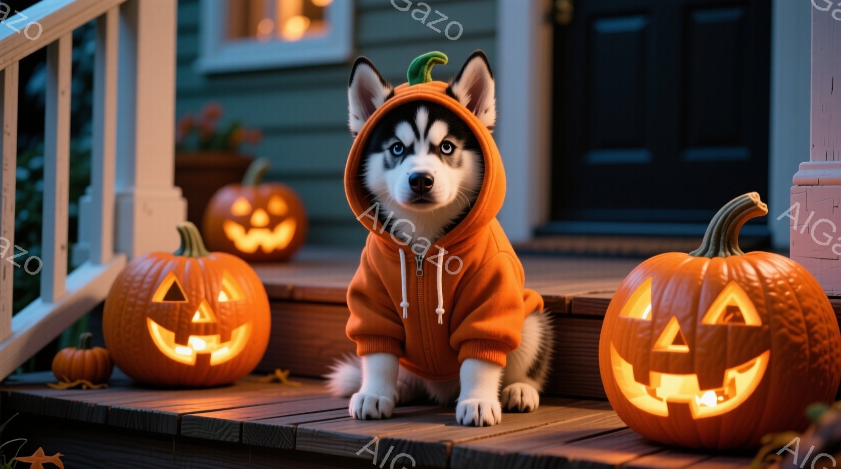 白と黒の毛並みを持つ子犬が、オレンジ色のパーカーを着て階段に座っています。周囲には様々な大きさのジャック・オ・ランタンが置かれ、内部から温かい光が放たれています。背景は木製の階段と暗い外観の建物で、ハロウィーンの暖かい雰囲気を醸し出しています。