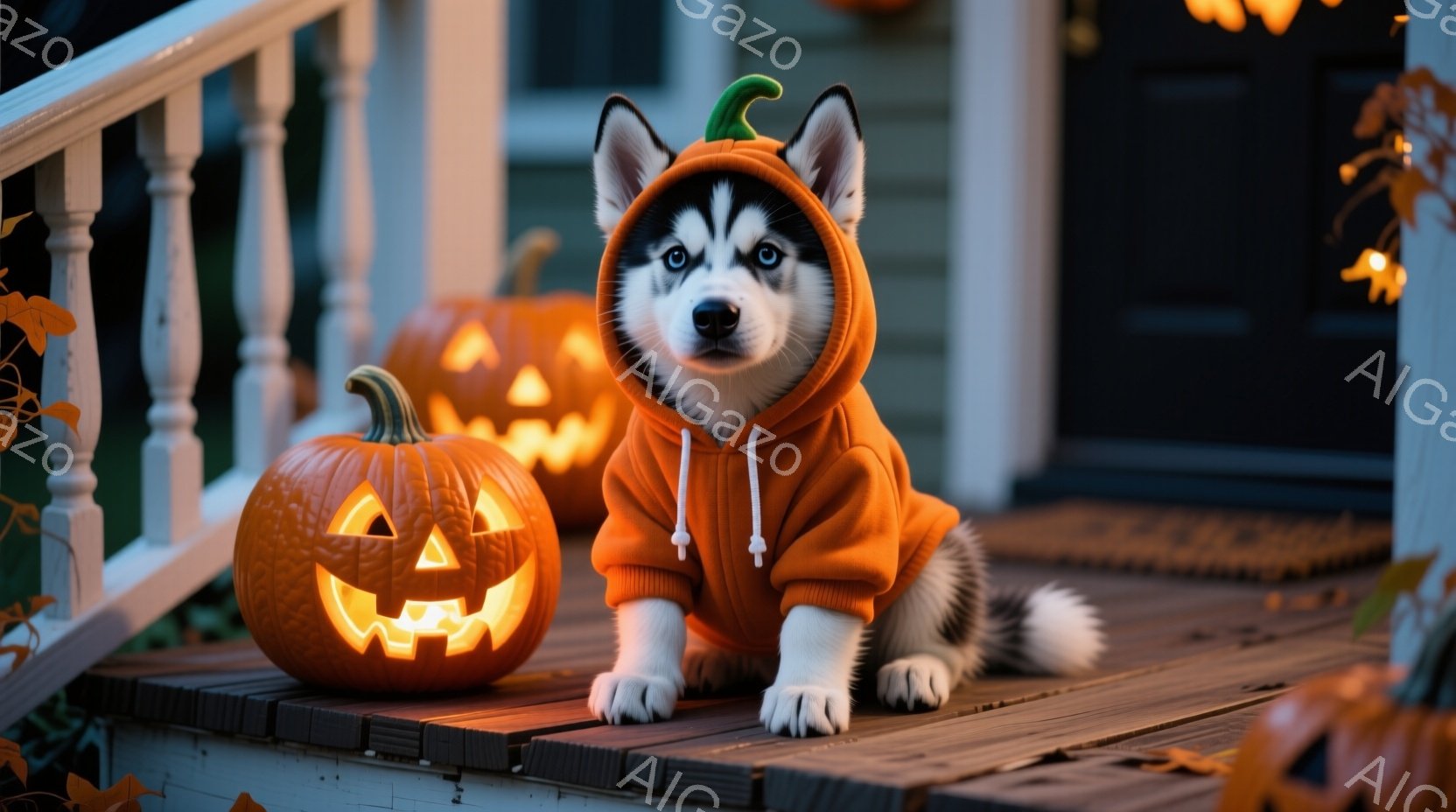 白と黒の毛並みを持つ子犬が、ハロウィーンをテーマにしたオレンジ色のパーカーを着ています。子犬は階段状のベランダに座り、正面を見つめており、その周りには彫刻が施されたカボチャがいくつか置かれています。背 - AI生成フリー素材