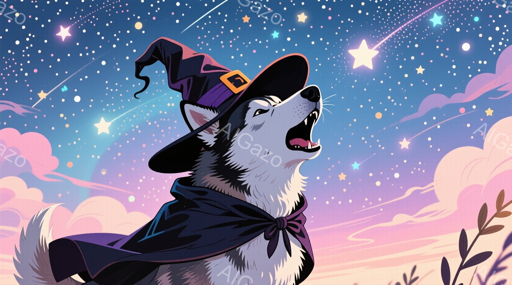 シベリアンハスキーが魔法使いの帽子とマントを身に着け、夜空に向かって遠吠えをしている。背景はパステルカラーの雲と星が散りばめられており、幻想的な雰囲気を醸し出している。全体的に、可愛らしく神秘的なイメージが印象的だ。