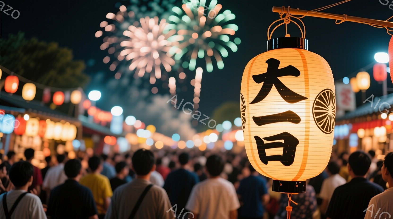 多くの人々が夜の祭り会場に集まり、背景には花火が打ち上げられています。提灯には「大日」と書かれており、人々は後ろ向きで、服装はカジュアルで、夏の夜の賑やかな雰囲気を醸し出しています。会場は提灯や屋台で - AI生成フリー素材