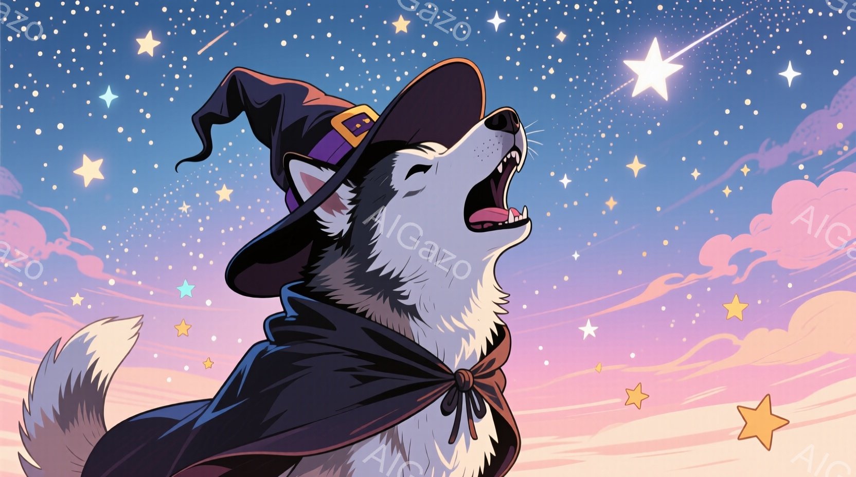 ハスキー犬が魔法使いの帽子とマントを身に着けて、夜空に向かって遠吠えしています。その表情は少しユーモラスで、夜空には無数の星と流れ星が輝き、夢幻的な雰囲気を醸し出しています。背景は淡いピンクと紫のグラデーションで、雲が浮かび、全体的に幻想的で優しい印象を与えます。