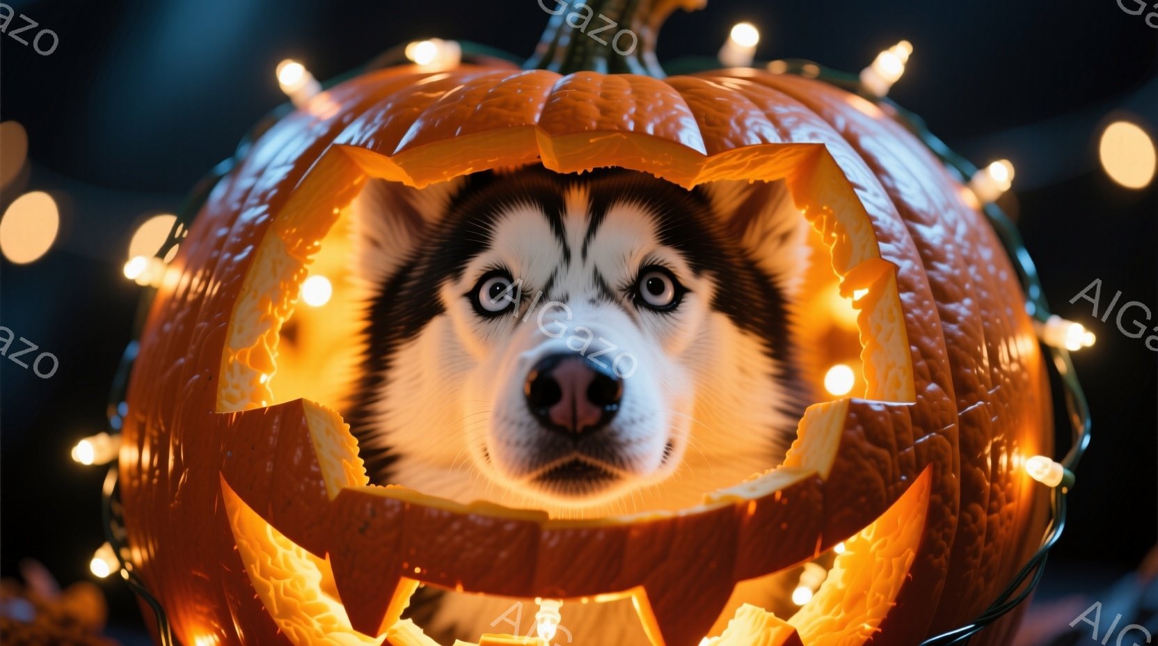 ハスキー犬がくり抜かれたカボチャの中に顔を覗かせています。犬は正面を見ており、少し驚いたような表情をしています。カボチャの周りにはオレンジ色のイルミネーションが飾られ、ハロウィーンの温かく楽しい雰囲気 - AI生成フリー素材