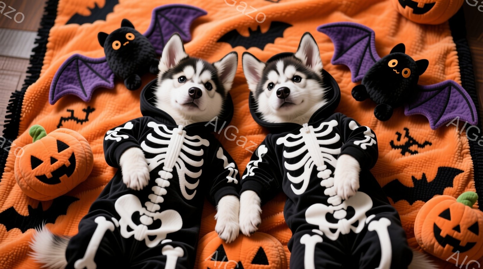 白い毛並みのハスキーの子犬が2匹、ハロウィーンをテーマにした衣装を着ています。黒いパーカーには骸骨がプリントされており、可愛らしい表情でカメラを見ています。背景にはオレンジ色の布と、カボチャやお化けの - AI生成フリー素材