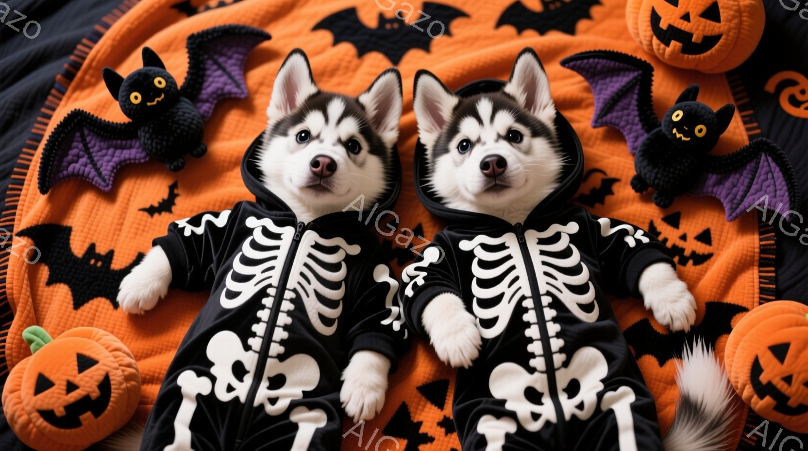 ハスキーの子犬が2匹、ハロウィーンをテーマにした黒いスケルトン柄のパーカーを着ています。子犬たちはカメラに向かって少し上を見上げており、好奇心と楽しそうな表情をしています。背景はオレンジ色のキルティング生地で、カボチャのぬいぐるみやコウモリのぬいぐるみでハロウィーンらしい雰囲気が演出されています。