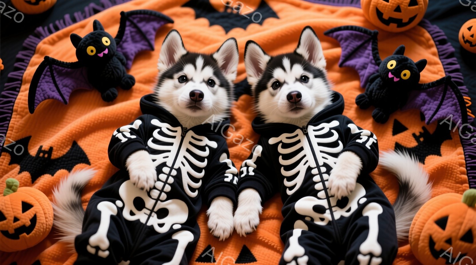 ハスキーの子犬が2匹、ハロウィーンをテーマにしたオレンジ色の背景に、骸骨柄のセーターを着て座っています。子犬たちは正面を向き、少しずつ顔を覗かせ、好奇心と遊び心に満ちた表情をしています。背景には、カボ - AI生成フリー素材