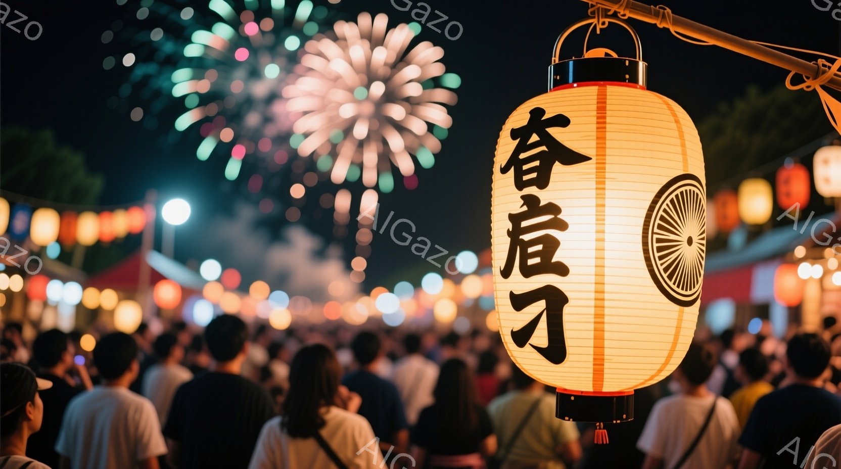 提灯が多数吊るされ、活気のあるお祭りの様子が写っている。人々は後ろ姿で描かれ、カジュアルな服装で賑わっており、背景には花火が打ち上げられているのが見える。全体的に、夏の夜のお祭りの熱気と楽しさが伝わっ - AI生成フリー素材