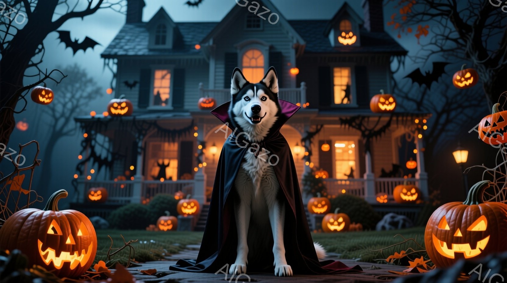 ハスキー犬が黒いマントを羽織り、ハロウィーンの夜に庭に座っています。背景には、カボチャのランタンで飾られた不気味な屋敷があり、夜空にはコウモリが飛び交っています。全体的に不気味でありながら可愛らしい、 - AI生成フリー素材