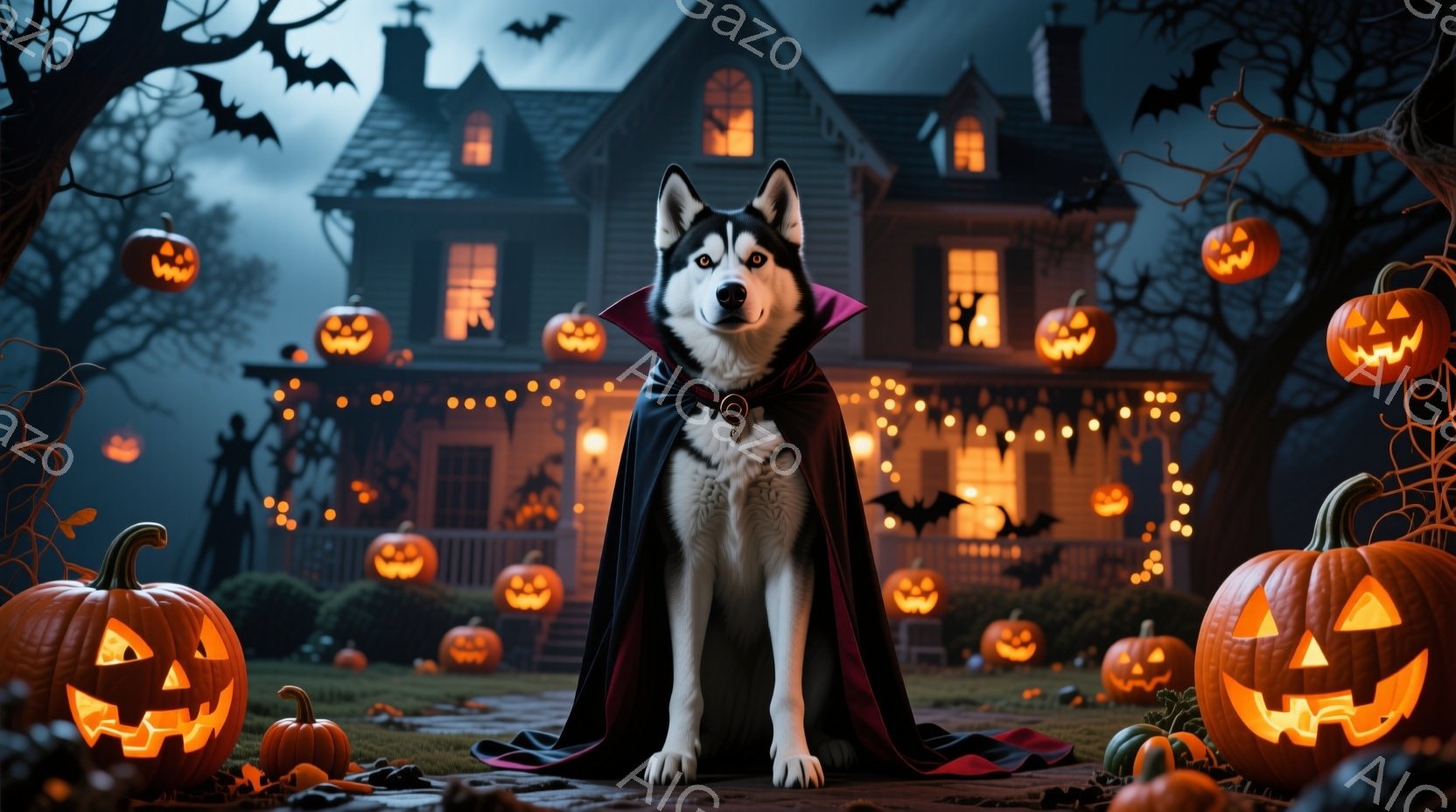 シベリアンハスキーが、黒いマントを羽織り、ハロウィーンの夜に不気味な屋敷の前に立っている。背景には、ジャック・オー・ランタンが灯り、シルエットの幽霊とコウモリが空を舞っている。屋敷は暗く、不気味な光が窓から漏れており、ハロウィーンの恐ろしい雰囲気を醸し出している。