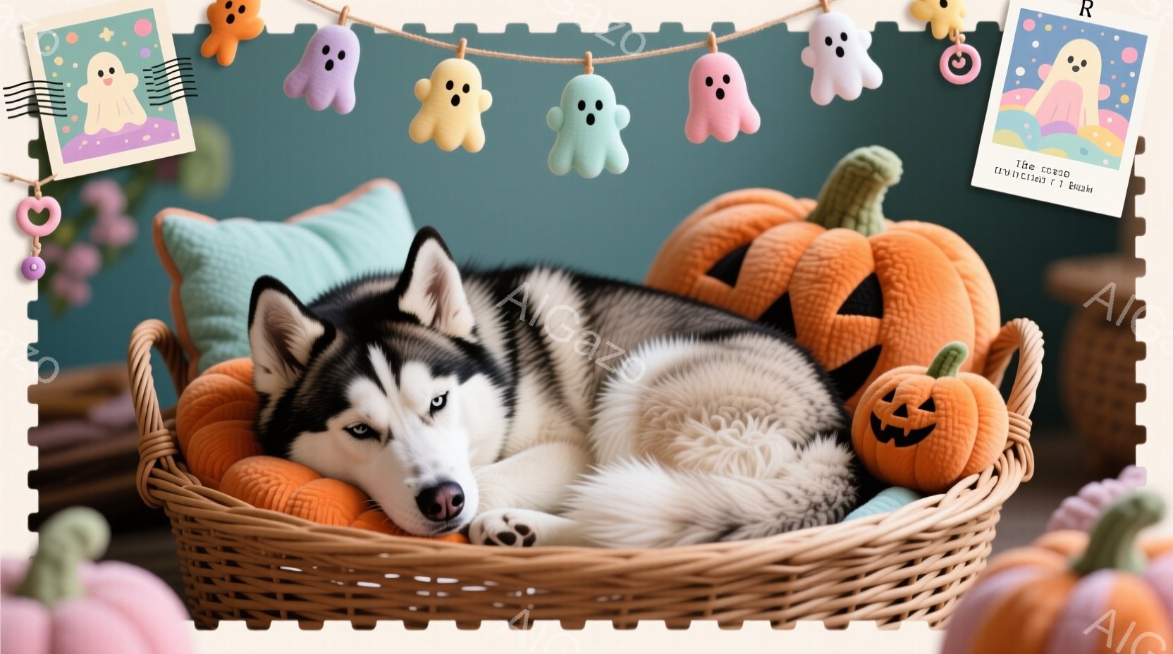 ハスキー犬がオレンジ色のバスケットの中に横たわっています。背景には、ハロウィーンをテーマにした幽霊とカボチャの飾り付けがあり、秋らしい暖かく楽しい雰囲気を醸し出しています。犬はリラックスした表情で、ハ - AI生成フリー素材
