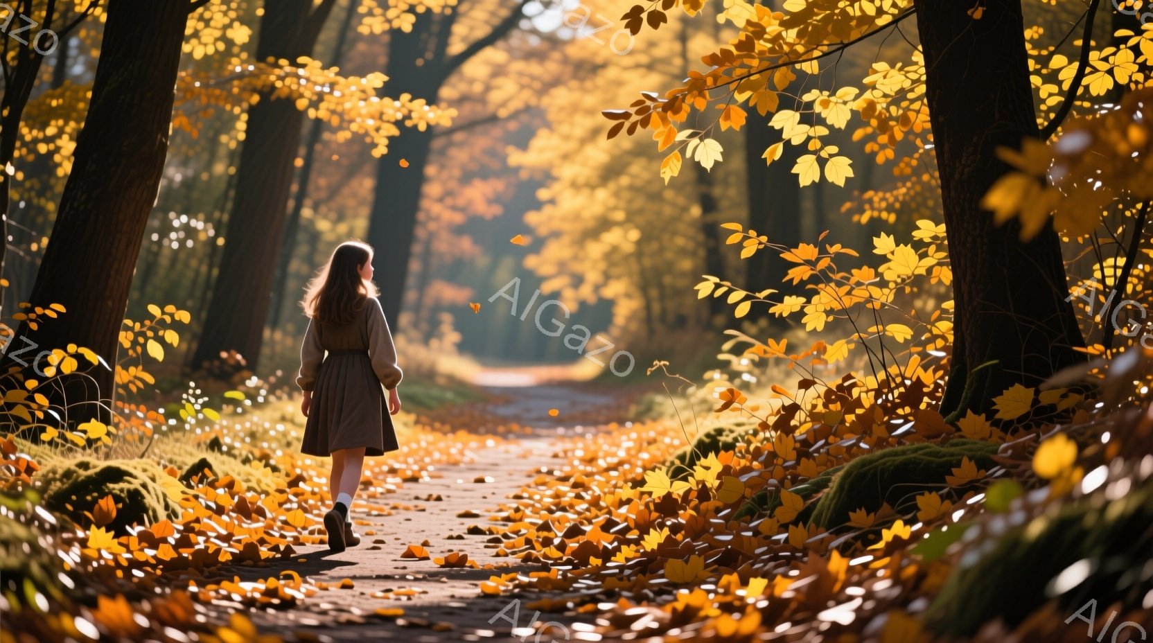 後ろ姿の女性が、落ち葉が敷き詰められた森の道を歩いている。彼女はベージュ色のコートを着ており、長い茶髪が背中に流れている。背景は鮮やかなオレンジと黄色の紅葉に覆われた木々で、木漏れ日が道を照らし、穏や - AI生成フリー素材