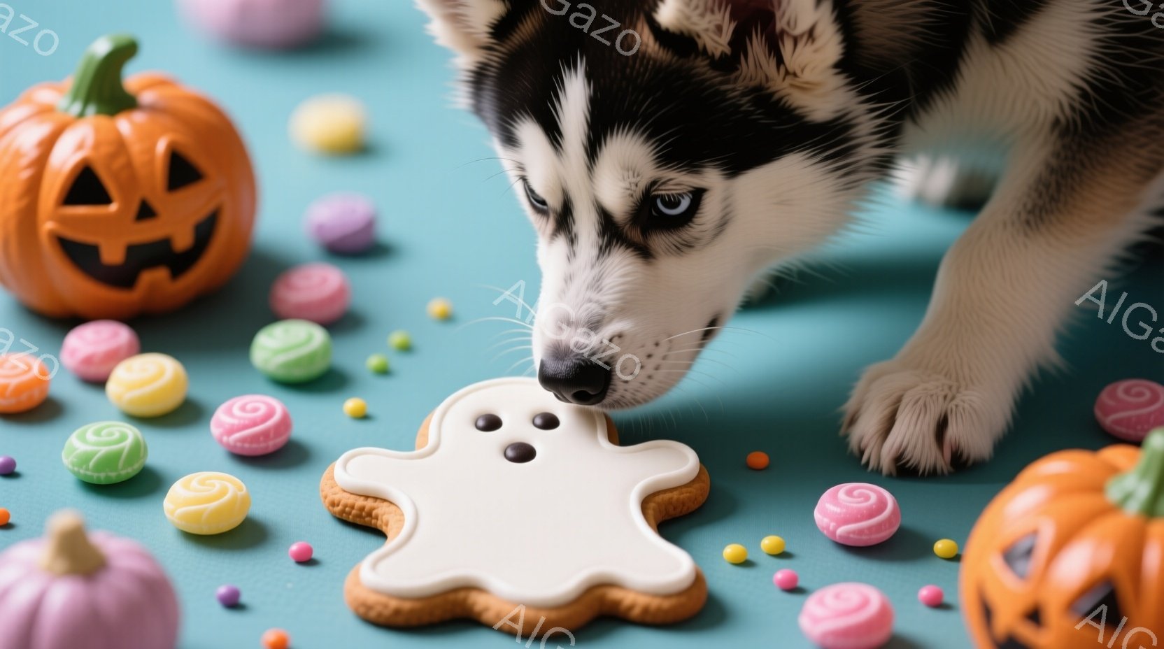 明るい水色の背景に、ハロウィーンをテーマにした小道具が散りばめられています。白いお化けのクッキーを鼻先でつつく、シベリアンハスキーの子犬が写っており、つぶらな瞳と可愛らしい鼻が印象的です。周囲には、オ - AI生成フリー素材
