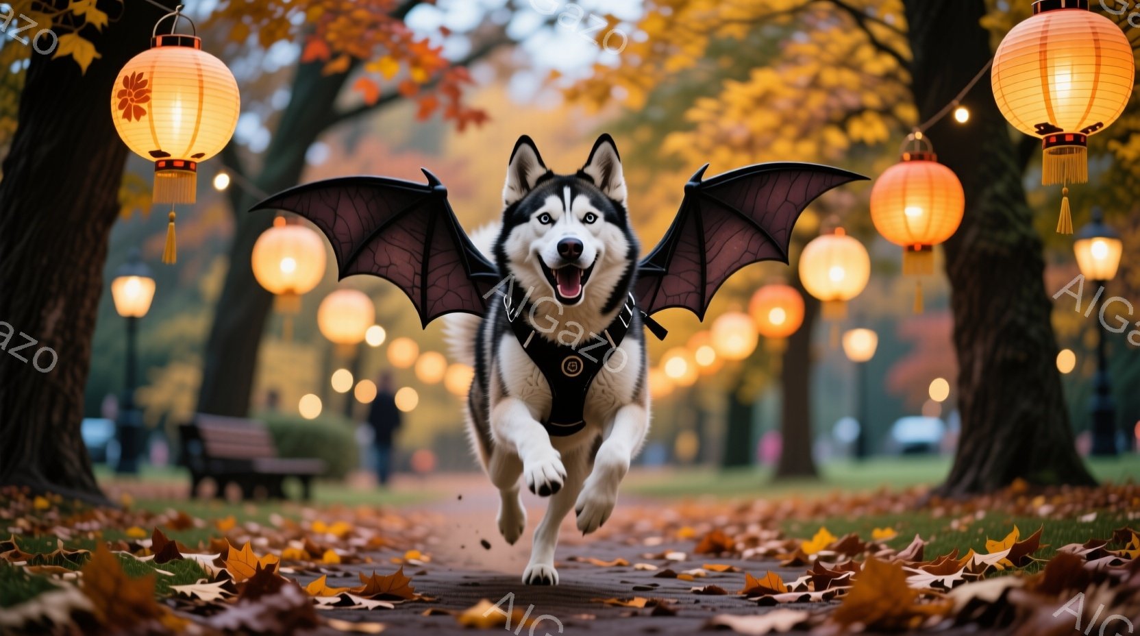 シベリアンハスキーが翼をつけて舗装された小道で走り、まるで空を飛んでいるかのように見える。背景には、秋の紅葉した木々と、オレンジ色の提灯が並び、暖かい雰囲気を作り出している。犬は楽しそうで、その表情は活気に満ちている。