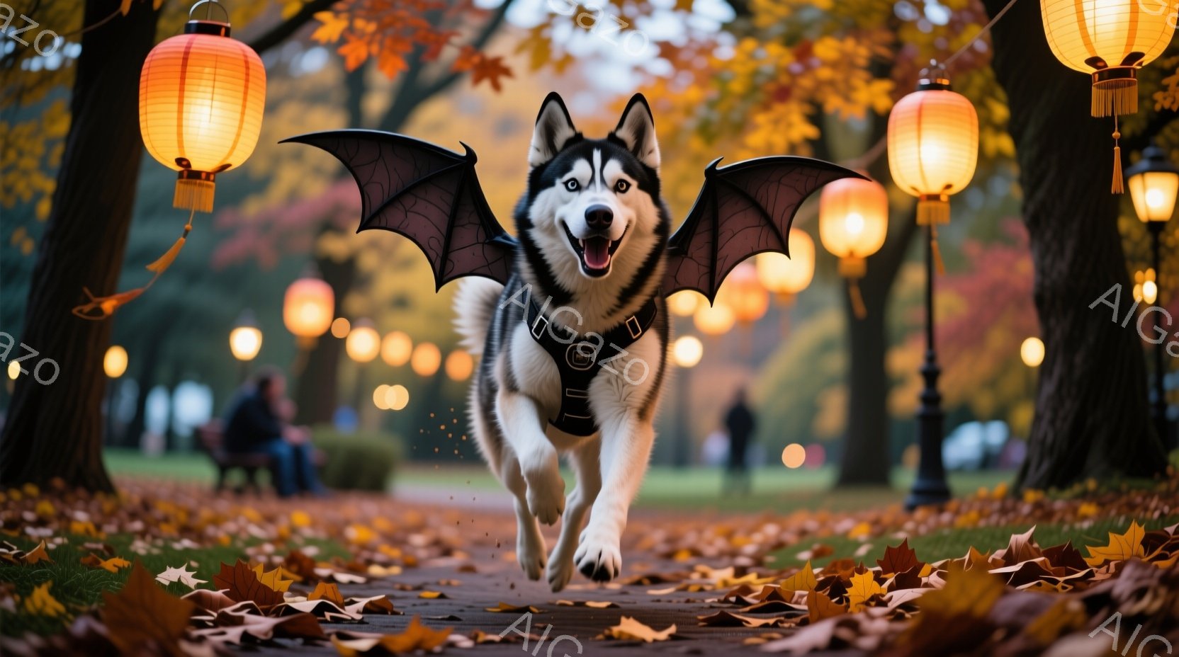 シベリアンハスキーが、背中にコウモリの羽を取り付けて、公園の小道で走っている。背景には色づいた木々や、提灯のような光が灯り、秋の夕暮れのような暖かい雰囲気が漂っている。犬は楽しそうに走り、その表情は活気に満ち溢れている。