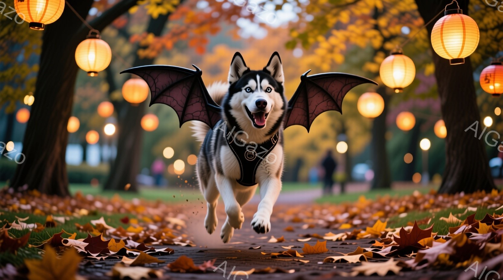 シベリアンハスキーが翼を付けて、落ち葉が敷き詰められた公園の道を走り去る姿が捉えられています。犬は興奮した表情で、まるで空を飛んでいるかのような躍動感があります。背景にはぼやけた人物と、オレンジ色の灯籠が並び、秋の暖かい雰囲気と楽しいイベントを連想させます。