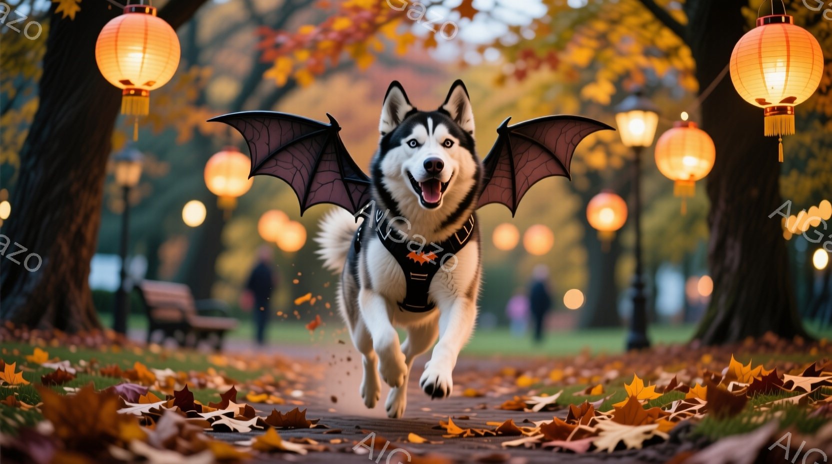 シベリアンハスキーが翼を付けて舗装された小道の上を元気に走っている様子が写っています。背景には鮮やかな黄色の葉が散りばめられ、夕暮れ時の公園にはオレンジ色の提灯が並び、秋の暖かい雰囲気を醸し出しています。犬は喜びにあふれた表情で、ハロウィーンの装飾が施された面白い光景を作り出しています。