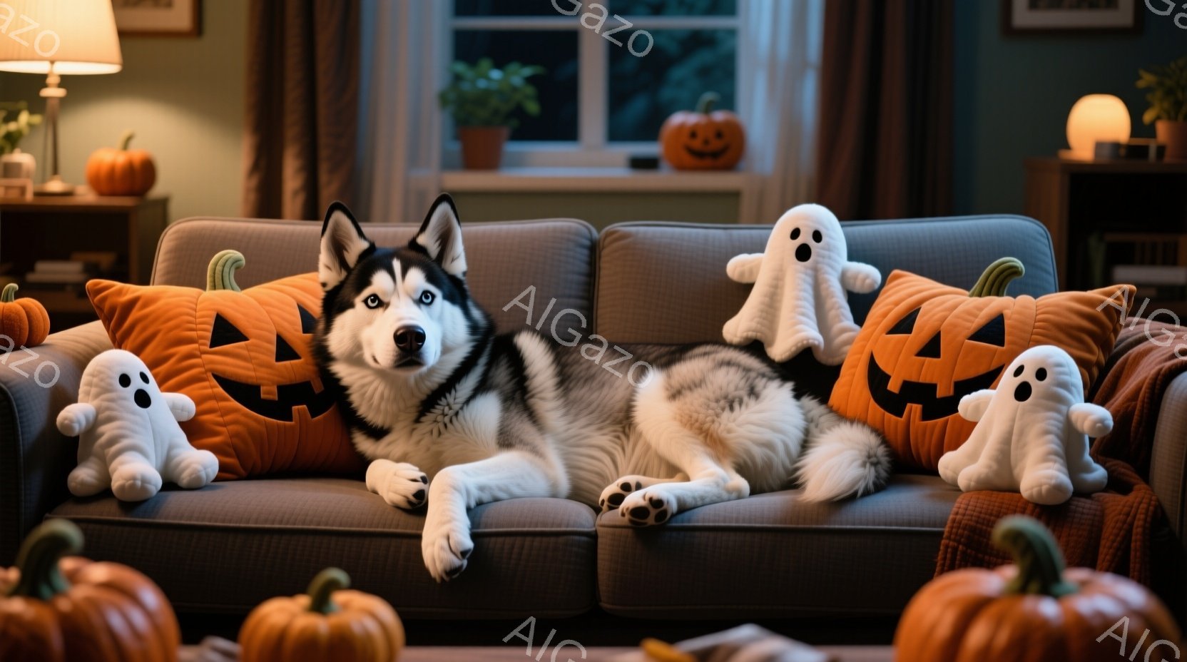 灰色のソファに、シベリアンハスキーが横たわっています。周りには、ハロウィーンの飾りであるカボチャのクッションと白いお化けのぬいぐるみがあり、ハロウィーンの雰囲気が漂っています。背景には、植物と間接照明 - AI生成フリー素材