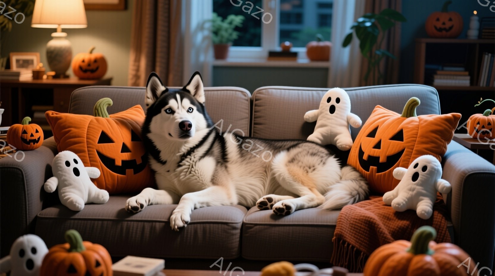 ハスキー犬が、ハロウィーンをテーマにした装飾が施されたリビングルームのソファでリラックスして横たわっています。オレンジ色のカボチャの枕と白い幽霊のぬいぐるみに囲まれ、リラックスした表情を浮かべています - AI生成フリー素材