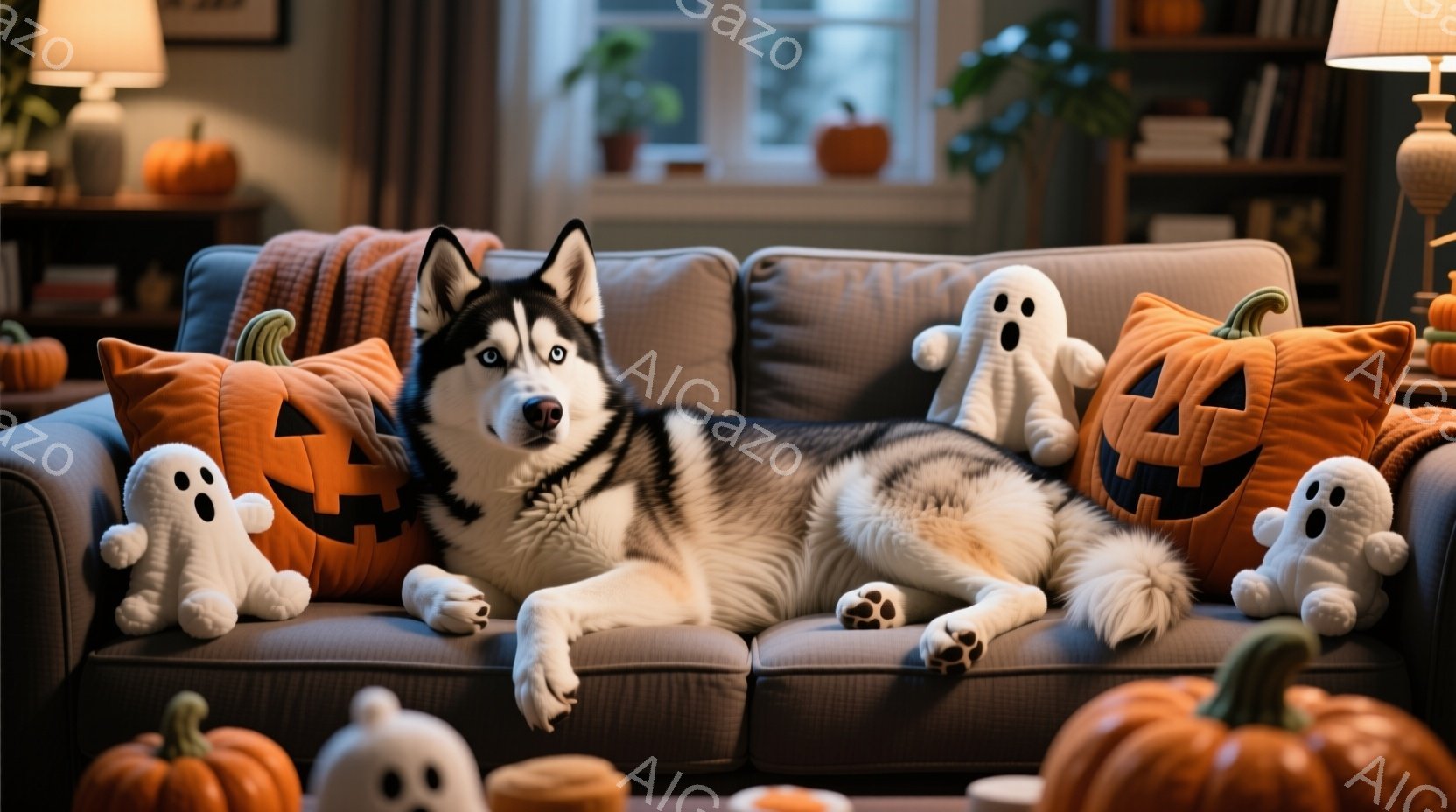 ハスキー犬が灰色のソファに横たわっており、ハロウィーンをテーマにしたクッションとぬいぐるみで囲まれています。犬は落ち着いた表情でカメラを見つめ、リラックスした姿勢で四肢を伸ばしています。背景には、オレ - AI生成フリー素材