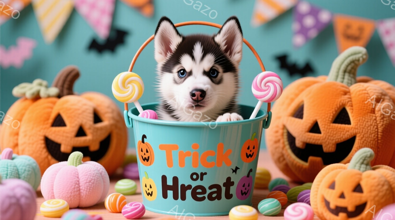 ハスキーの子犬が、ハロウィーンをテーマにした水色のバケツの中に座っています。バケツには「トリック・オア・トリート」と書かれており、周囲にはオレンジと紫のジャック・オ・ランタン、カラフルなキャンディーが - AI生成フリー素材