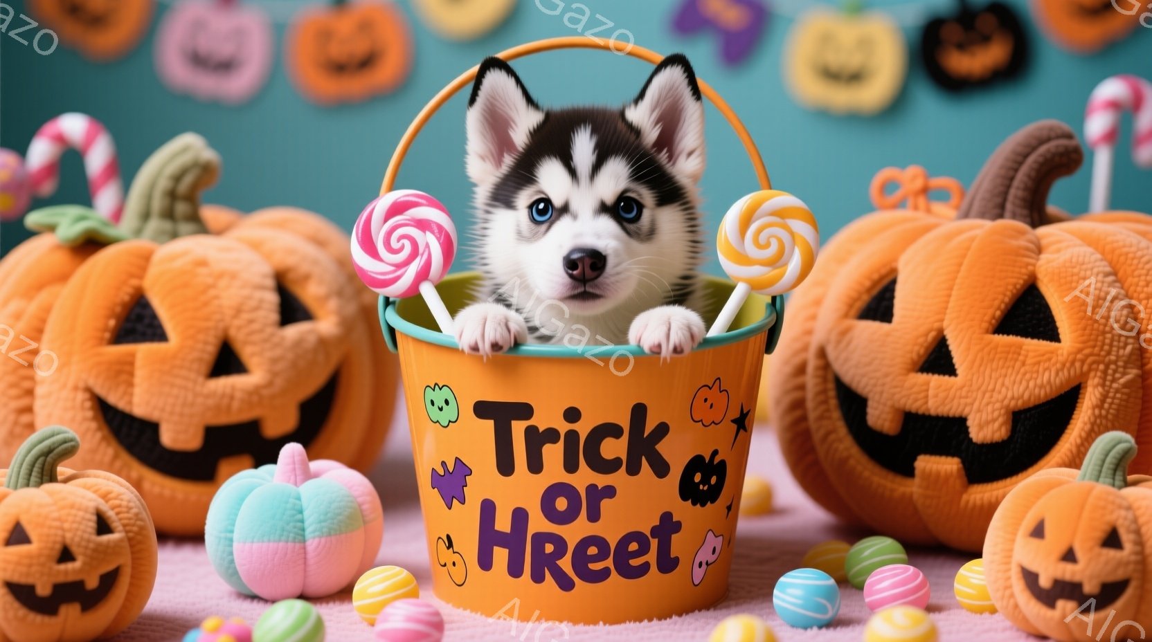 ハスキーの子犬がハロウィーンのバケツから顔を出しています。バケツはオレンジ色で「トリック・オア・トリート」と書かれており、カラフルなキャンディーで満たされています。背景には、様々な表情のジャック・オー - AI生成フリー素材