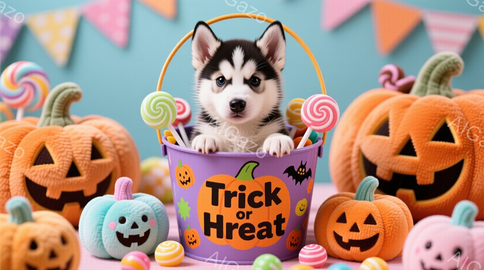 紫色の「トリック・オア・トリート」と書かれたバスケットの中に、愛らしいハスキーの子犬が座っています。周りにはオレンジや緑のジャック・オ・ランタン、キャンディー、棒付きキャンディーが散りばめられ、ハロウィーンの楽しい雰囲気を演出しています。背景は明るい色調で、お祝いムードが強調されています。