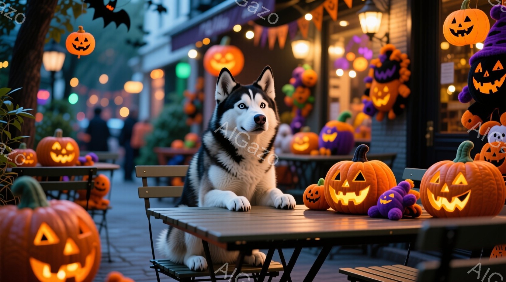 ハスキー犬が屋外のカフェのテーブルに座って正面を見つめています。テーブルの上や周囲には、様々な大きさのジャック・オー・ランタンやハロウィーンの飾り付けが置かれ、背景にはぼやけた街並みとハロウィーンの装 - AI生成フリー素材