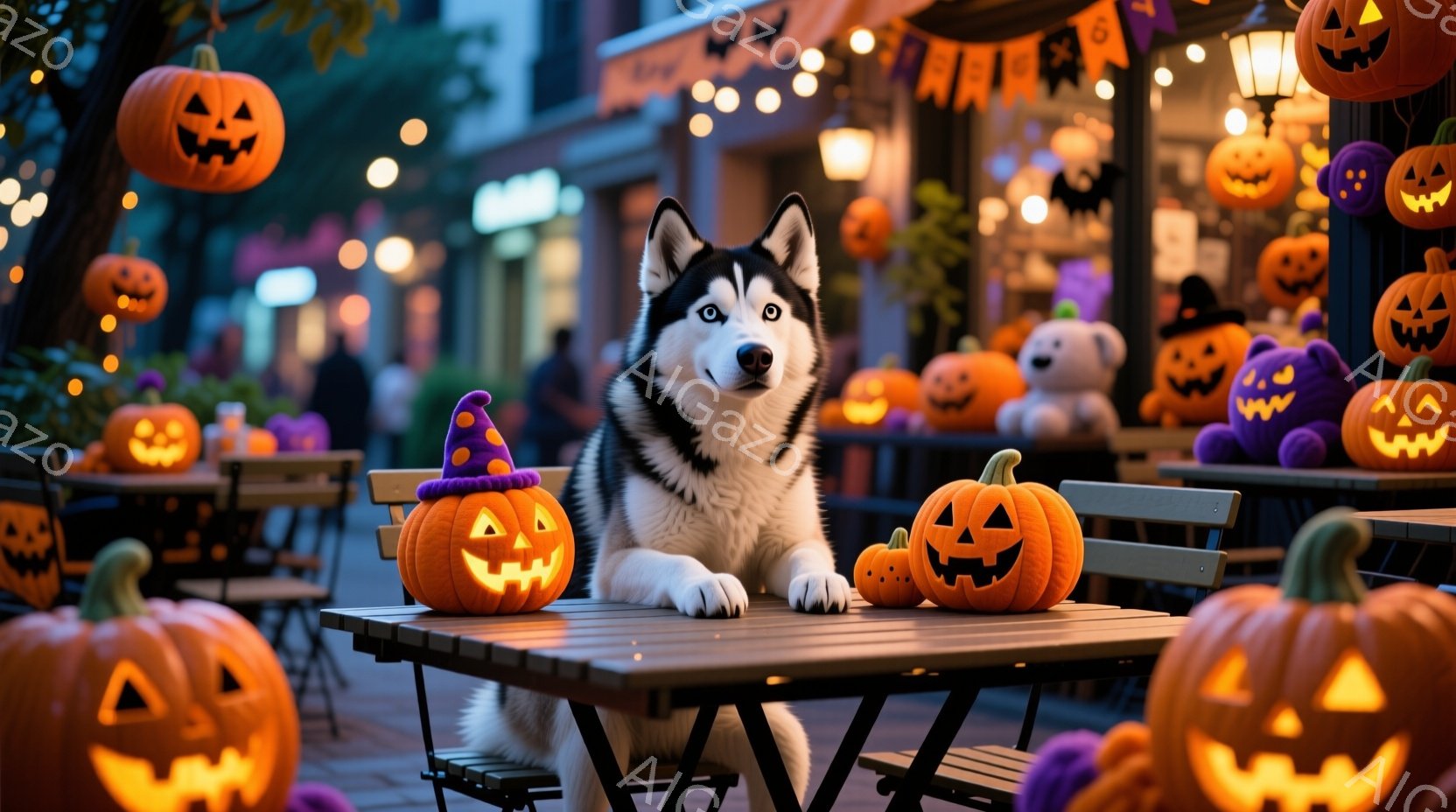 ハスキー犬が、ハロウィーンの装飾がされた屋外のカフェのテーブルに座っています。テーブルの上には、帽子をかぶったカボチャが2つ置かれ、犬はその間に体を預けてリラックスした表情を浮かべています。背景には、 - AI生成フリー素材
