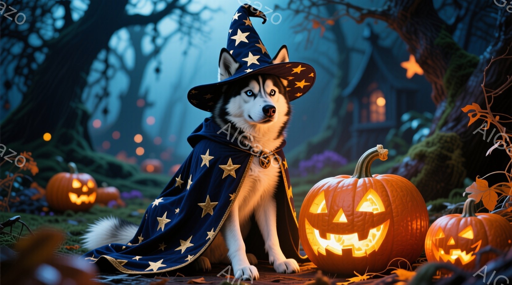 ハスキー犬が魔女の帽子とマントを身につけて座っており、マントには金色の星が散りばめられています。周りにはジャック・オー・ランタンがいくつか置かれ、背景には暗い森と遠くに見える家が見えます。 全体的にハ - AI生成フリー素材