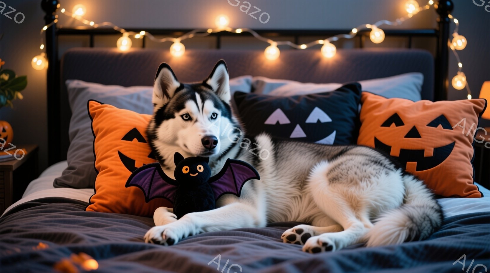 白と黒の毛並みを持つハスキー犬が、ハロウィーンをテーマにした枕に囲まれてベッドに横たわっています。黒いコウモリのぬいぐるみを前足に乗せ、リラックスした表情でカメラを見ています。背景にはオレンジと黒の枕 - AI生成フリー素材