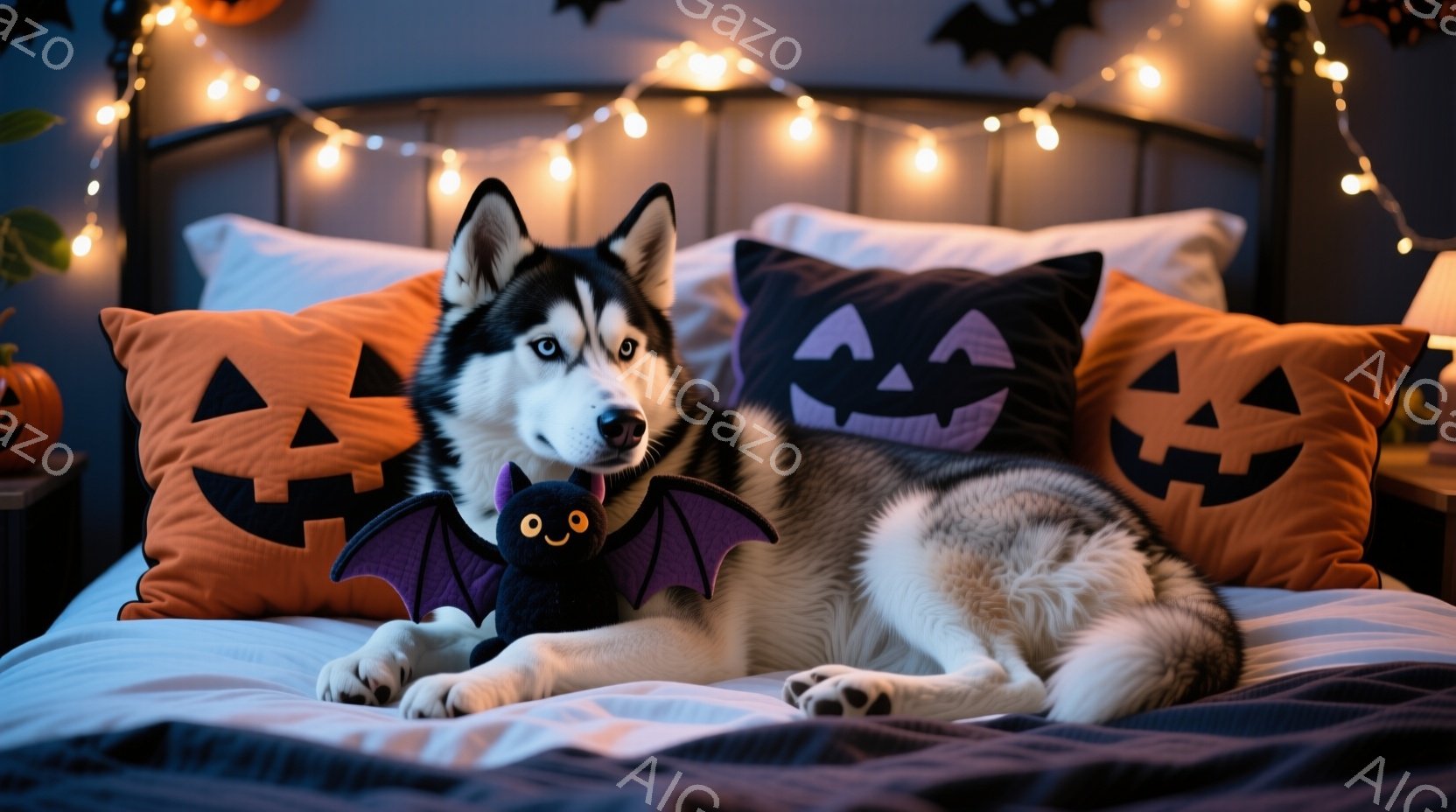 シベリアンハスキーがベッドに横たわり、ハロウィーンをテーマにした装飾に囲まれています。オレンジ色のカボチャのクッションと、黒いバットのぬいぐるみがベッドに置かれており、背景にはハロウィーンの飾り付けが - AI生成フリー素材