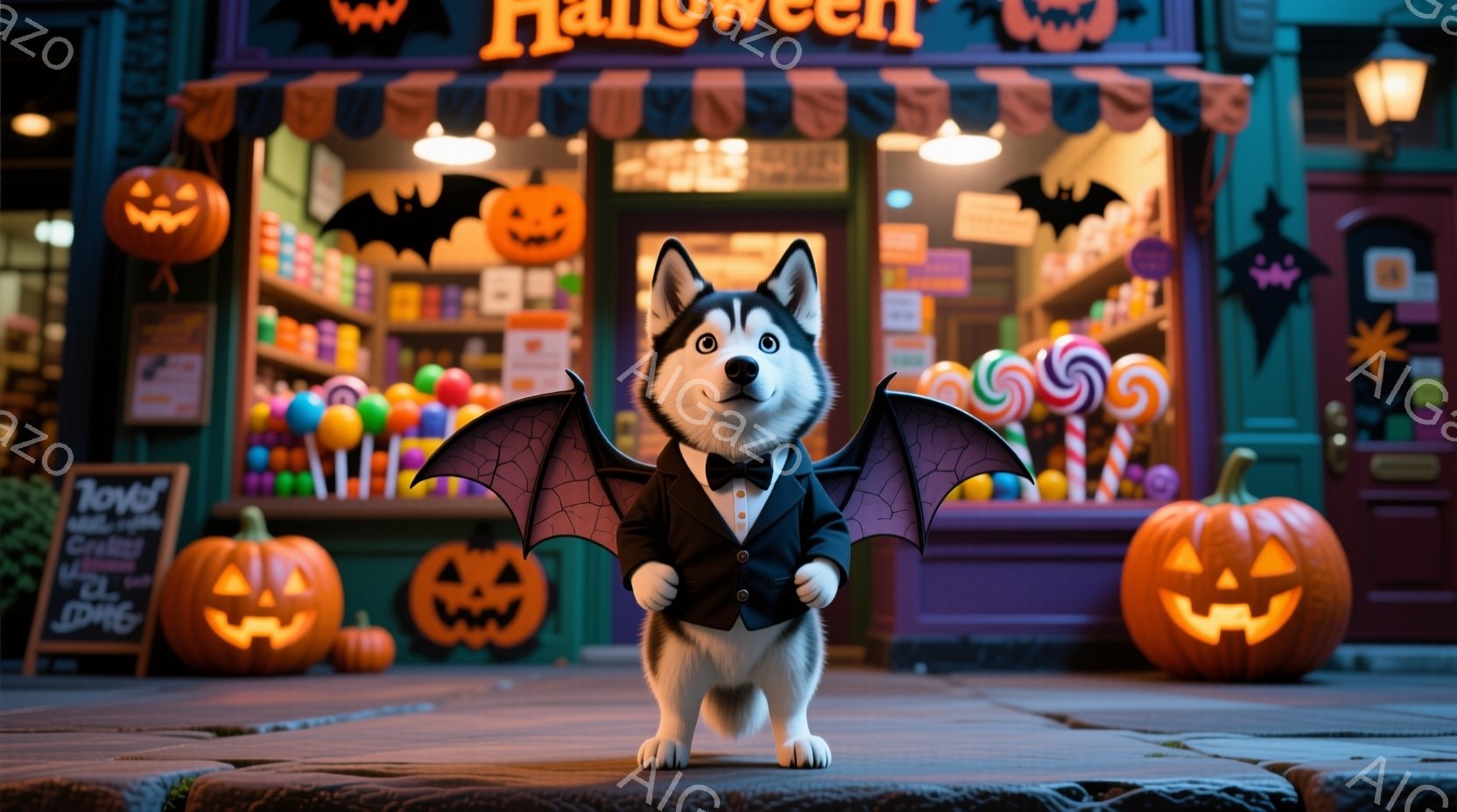 シベリアンハスキーがハロウィーンの衣装を着て、紫色の背景のキャンディストアの前に立っています。黒い燕尾服と蝶ネクタイ、そして蝙蝠の翼を身に着け、正面を見据えた愛らしい表情をしています。背景には、たくさんのカラフルなキャンディが並び、ハロウィーンのランタンが明るく光る、お祭り騒ぎの楽しい雰囲気です。