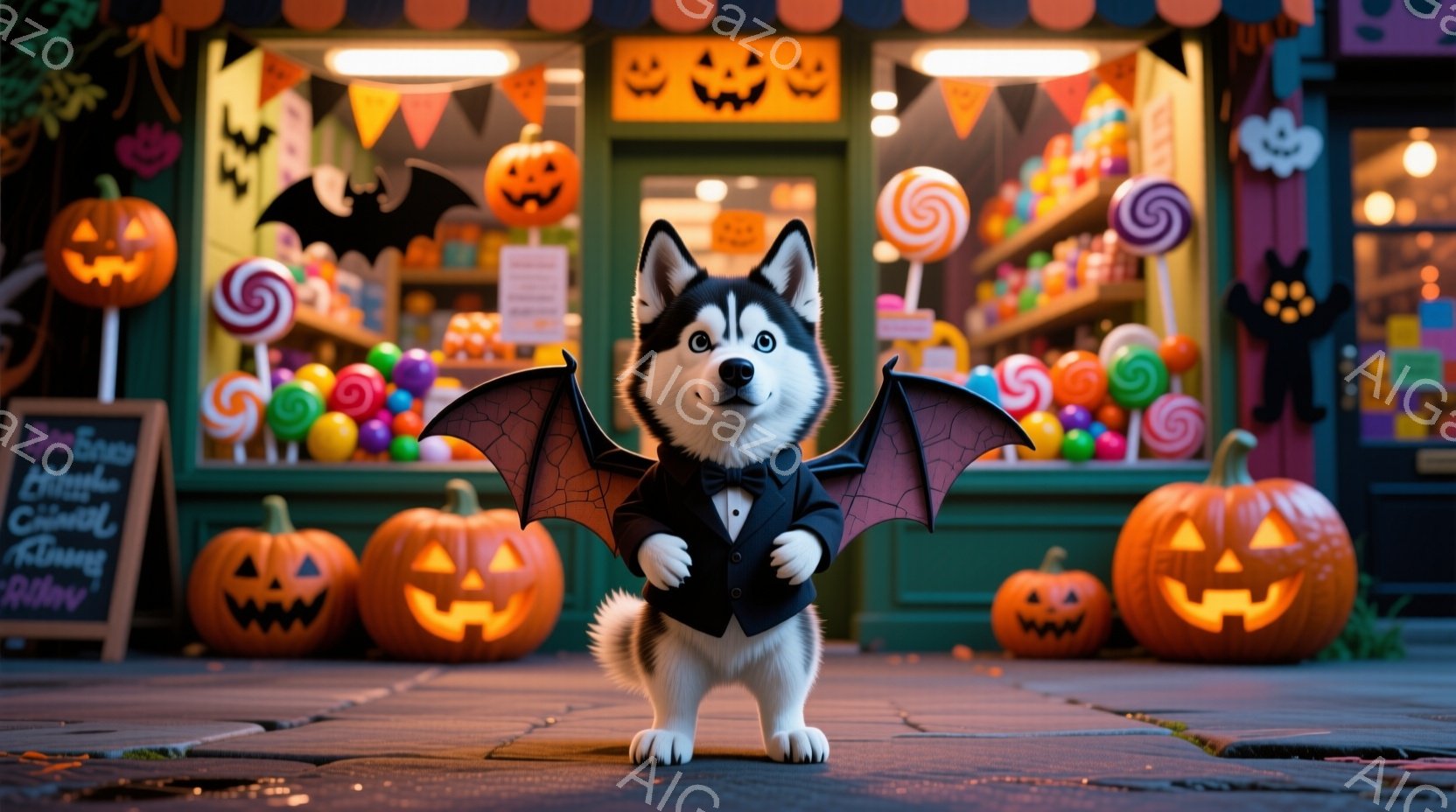 ハスキー犬がハロウィーンの衣装を着て立っています。黒い燕尾服に蝙蝠の羽をつけて、まるで吸血鬼のような姿です。背景には、たくさんのキャンディが並んだ店と、ハロウィーンの装飾がされた建物があり、お祝いムードが高まっています。