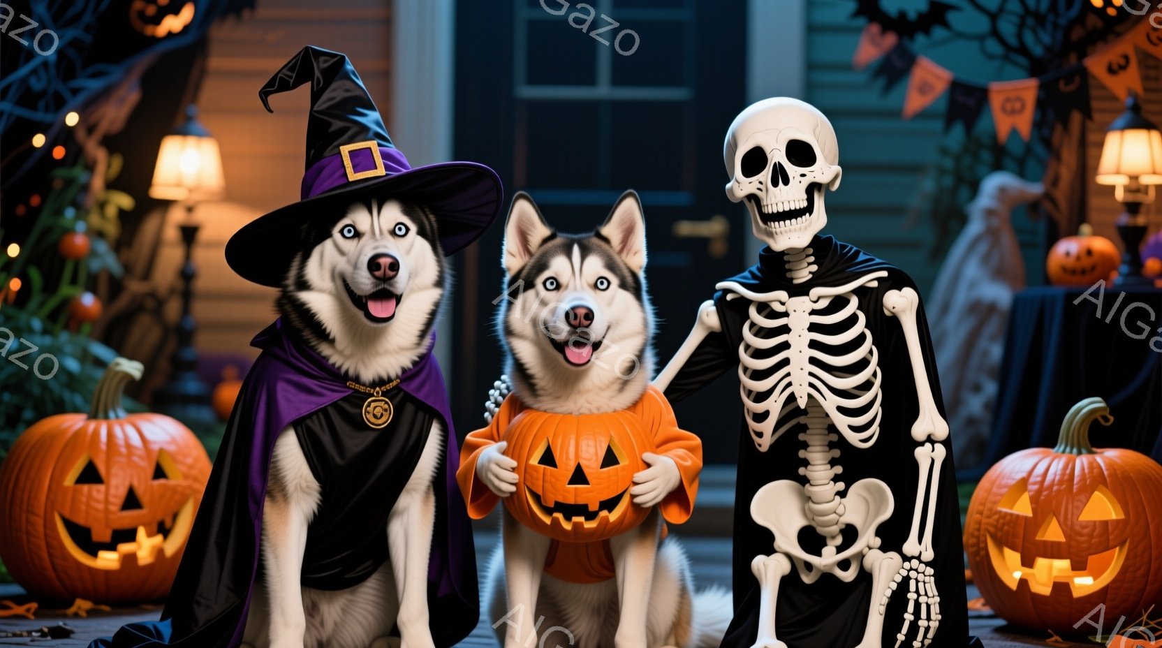 ハスキー犬二匹と骸骨の衣装を着た人物が、ハロウィーンの装飾が施された家の前に並んでいます。一匹の犬は魔女の帽子とローブを身に着け、もう一匹はカボチャの衣装を着ています。背景には光るカボチャ、ハロウィー - AI生成フリー素材