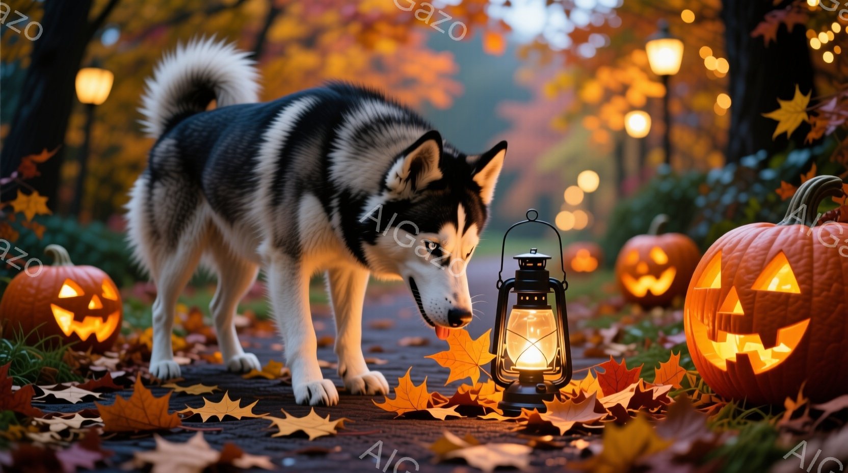 シベリアンハスキーが落ち葉が散らばる遊歩道を歩いている。周囲にはハロウィーンの装飾であるジャック・オー・ランタンが置かれ、遠くにはぼんやりと光る街灯が見える。全体的に暖色系の色調で、秋のハロウィーンの - AI生成フリー素材