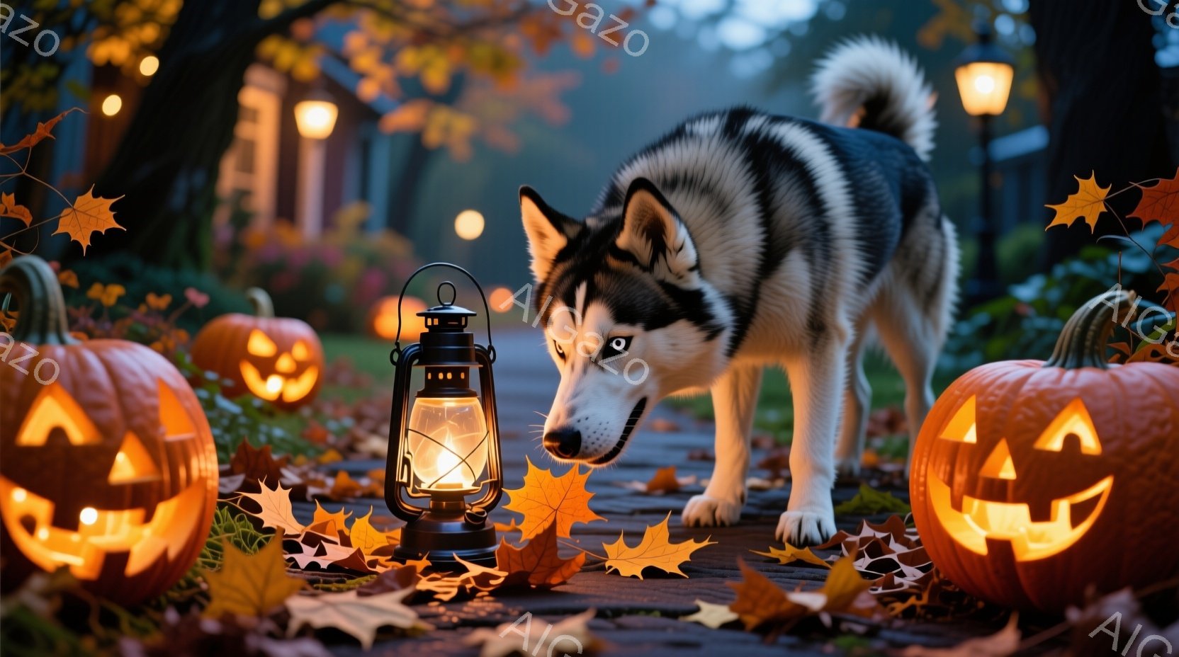 ハスキー犬が、ハロウィーンの装飾が施された道を進んでいます。道の両脇には、顔がくり抜かれた光るカボチャが置かれ、足元には落ち葉が散らばっています。背景には、ぼんやりと見える建物と街灯があり、全体的に幻想的で秋らしい雰囲気が漂っています。