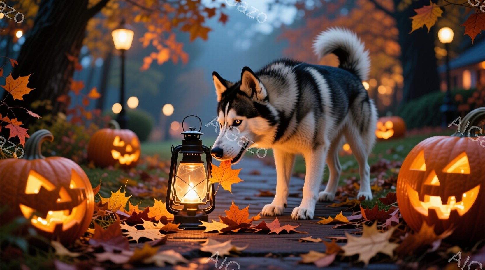 ハスキー犬が、ハロウィーンの装飾が施された道を進んでいます。道にはカボチャのランタンが置かれ、落ち葉が散らばっています。背景にはぼんやりと建物が見え、夜の空気が漂う、温かく幻想的な雰囲気が感じられます - AI生成フリー素材