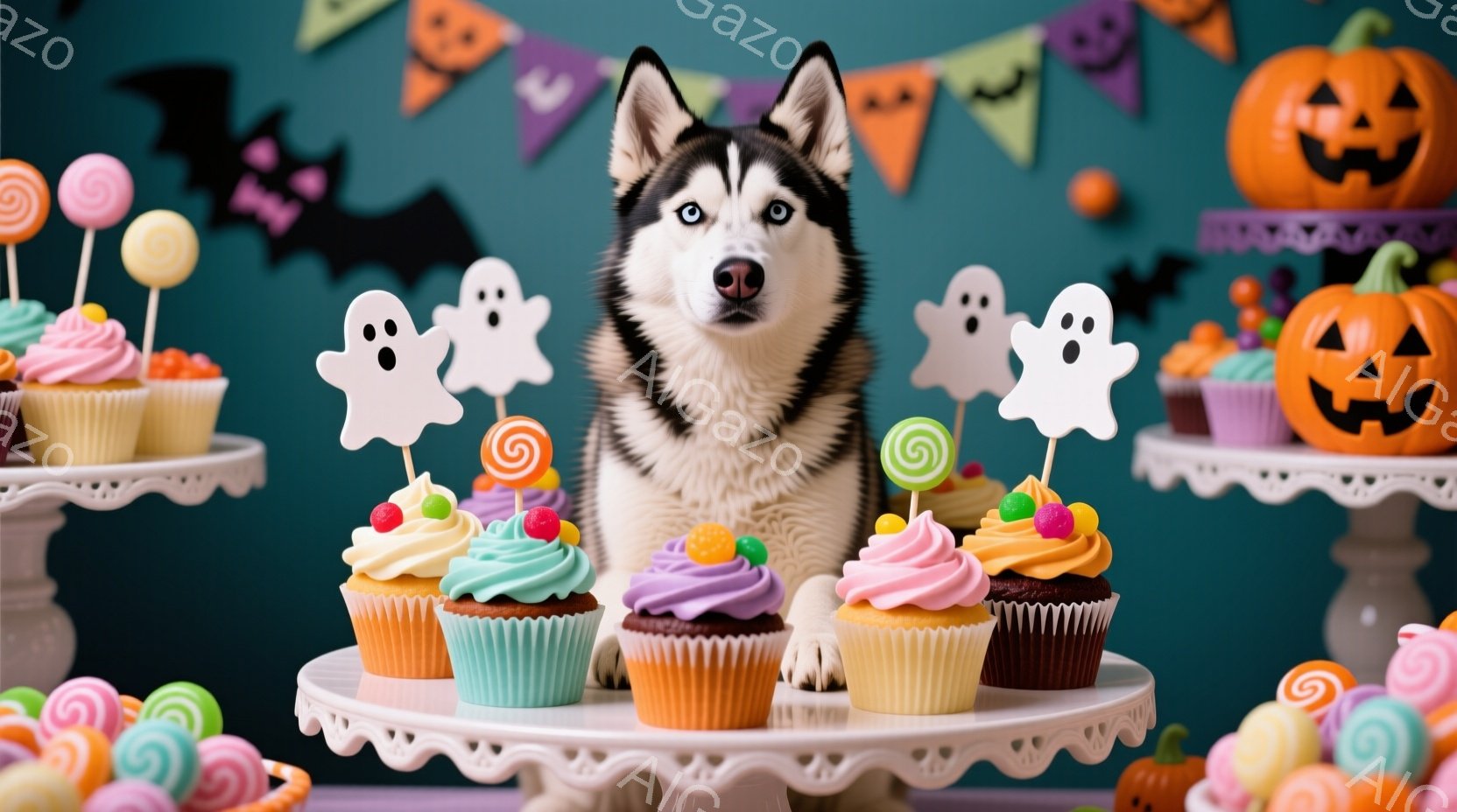 ハスキー犬が、ハロウィーンをテーマにしたカップケーキの前に座っています。カップケーキは様々な色で飾られ、それぞれに幽霊やキャンディのトッピングが施されています。背景にはハロウィーンの飾り付け（カボチャ - AI生成フリー素材