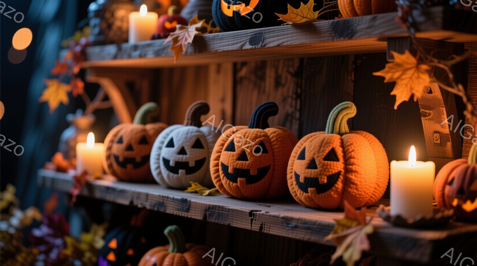 暖炉のような木の棚の上に、切り株のように見えるオレンジ色の布製のジャック・オー・ランタンが並べられています。それぞれのカボチャは、不気味な笑顔と三角形の目を持っています。背景には、オレンジ色と黄色の落ち葉、そしていくつかの他のハロウィーンの装飾が見え、温かくお祝いムードに包まれています。