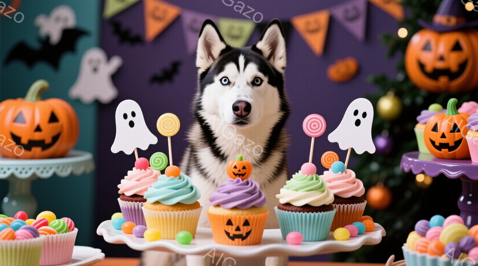 ハスキー犬が、ハロウィーンをテーマにしたお菓子やカップケーキに囲まれて立っています。背景には、オレンジ色と紫色のハロウィーンの飾り付けがあり、お菓子はカラフルで可愛らしいです。全体的に明るく、お祝いム - AI生成フリー素材