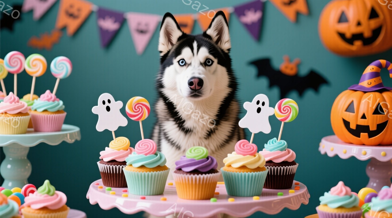シベリアンハスキーが、ハロウィーンの飾り付けられた背景の前で、ピンク色のケーキスタンドに並べられたカップケーキとキャンディーに囲まれています。ケーキはパステルカラーのアイシングで飾られ、お化けやキャン - AI生成フリー素材
