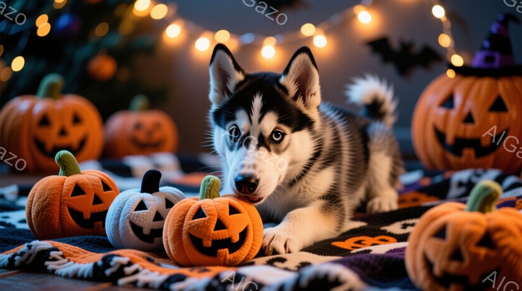 ハスキーの子犬がハロウィーンの装飾である小さなカボチャのおもちゃを口にくわえています。子犬は柔らかい毛布の上に横たわっており、背景には様々な大きさのオレンジ色のカボチャが配置されています。暖色系の光が - AI生成フリー素材